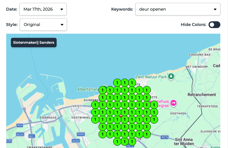 Heatmap van Slotenmakerij Sanders voor het zoekwoord deur openen: positie 1 in het hele doelgebied