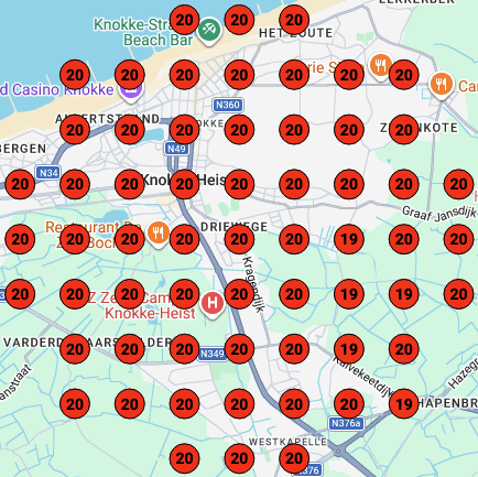 Voorbeeld heatmap van Google Maps posities voor de optimalisatie